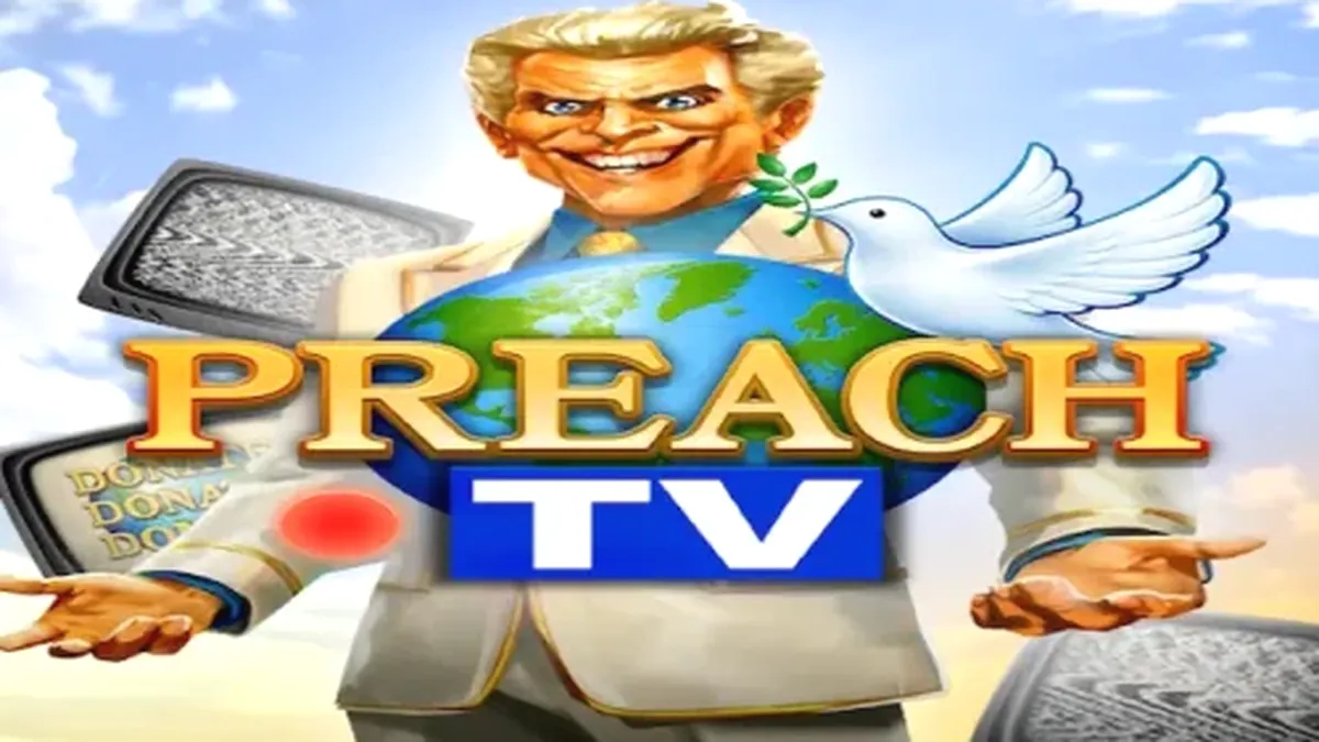 Tela principal do jogo de slot Preach TV com o apresentador satírico e elementos de estúdio de TV.